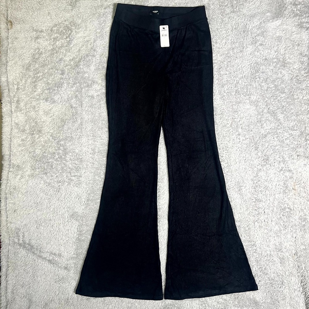 Express Columnist Pants Womens Small Black Rayon Stretch Ribbed High Rise Flared